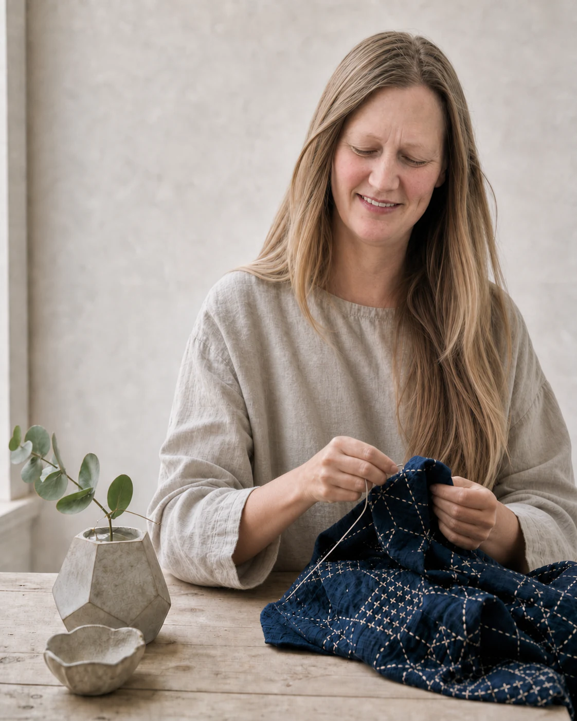 Julie Nixon smiling softly while stitching indigo cloth at her Ekte studio worktable
